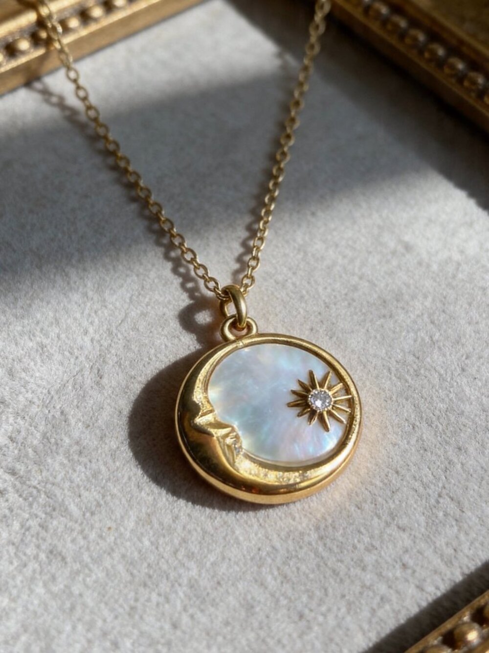Moon Star Pendant Necklace Stainless Steel Gold Mother of Pearl